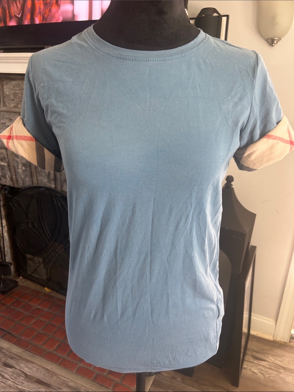 Burberry Light Blue Crewneck Tee with Signature Plaid Sleeve Cuffs